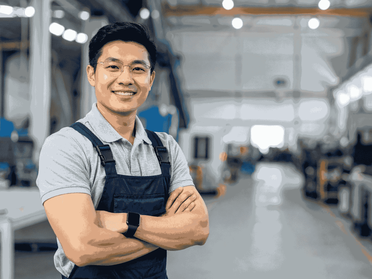 Tradesperson working inside an Australian industrial shed with high clear span height and roller door access