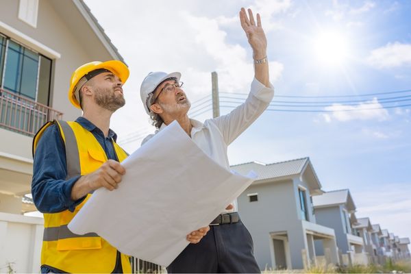 Property developer reviewing plans on the site of a multi-unit development under construction